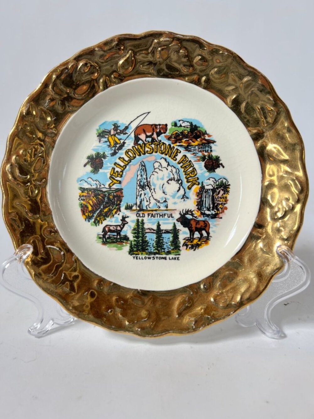 Vintage Yellowstone Park Souvenir Plate With Gold Tone Border